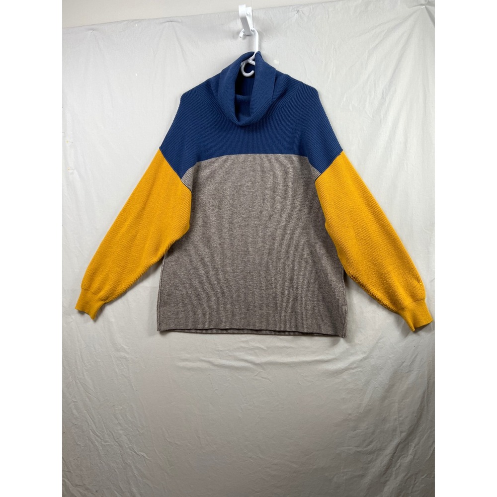 Free People Sweater Womens M Blue Gray Oversized Colorblock Ribbed Cowl Neck